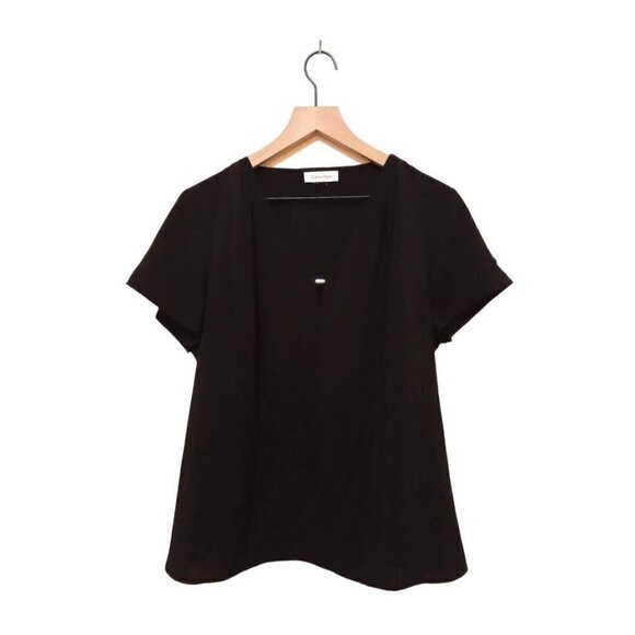 Calvin Klein Black V-Neck Short Sleeve Sheer A-Line Blouse Sz M - Picture 1 of 6